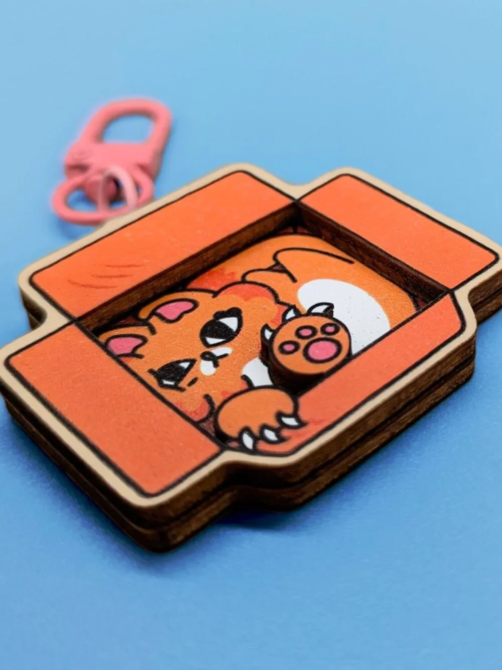 Orange Cat in Cardboard Box 3D Wooden Keychain